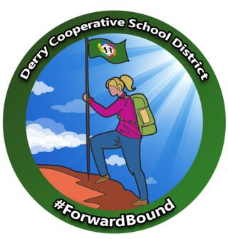 Image of a hiker climbing a hill planting a flag. Derry Cooperative School District Forward Bound